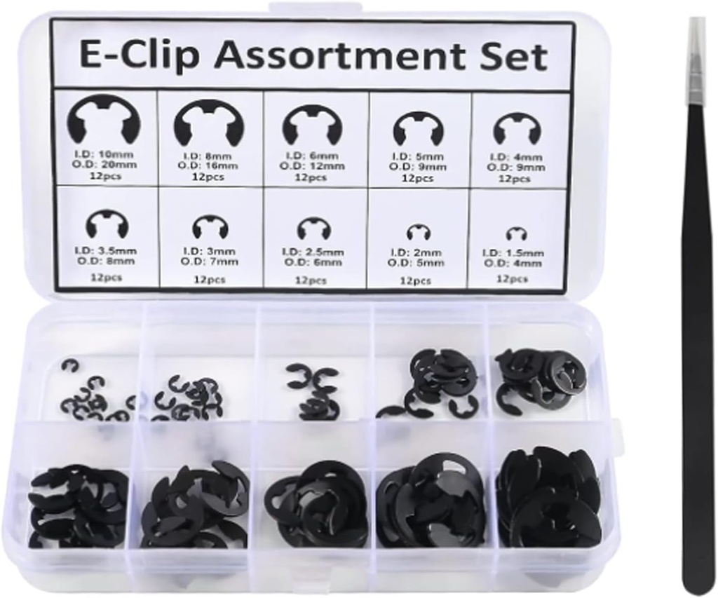 120pcs E-Clip Circlip External Retaining Clips Assortment Set Hardened Steel Circlip Kit Anti Walk Washers 1.5/2 /3/4/5/6/7/8/9/10mm