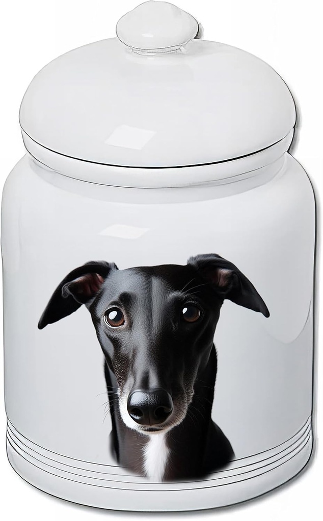 Best of Breed Greyhound Black Dog and Cat Ceramic Treat Jar 9" Tall Air Tight Seal All White