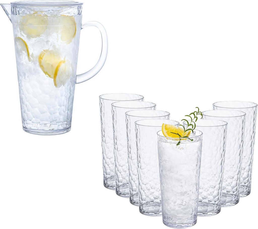 bzyoo ChillCraft Pitcher and Tumbler Collection, BPA-Free Durable Food-Grade Plastic, Clear with Hammered Glass-Style Design, Ideal for Cocktails, Iced Tea, Lemonade, Indoor & Outdoor Use