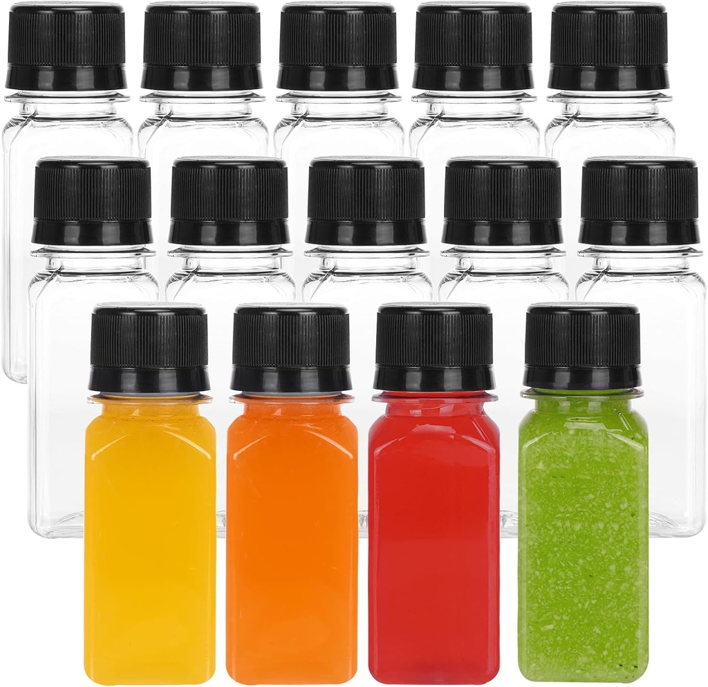 Moretoes 14pcs 2oz Ginger Shots Bottles with Caps, Small Plastic Juice Bottles for Liquids, Reusable Clear Containers for Ginger Shots and Other Beverages