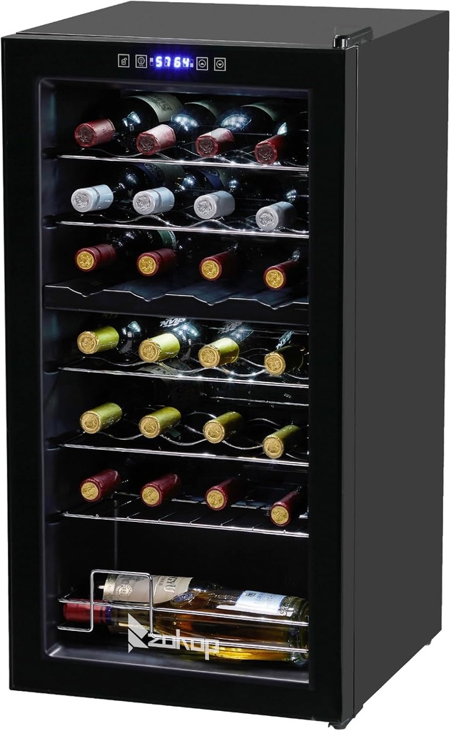 28 Bottle Wine Cooler Refrigerator,Freestanding Wine Cellar with Independent Temperature Control & Glass Door for Wine Champagne Beer
