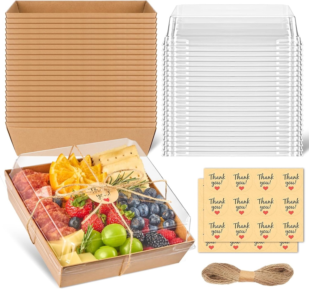 7 x 7 Inch Large Charcuterie Boxes with Clear Lids, 20 Pack Disposable Square Kraft Bakery Boxes To Go Food Containers for Charcuterie, Cake Slices, Desserts, Strawberries, Cookies (Brown)