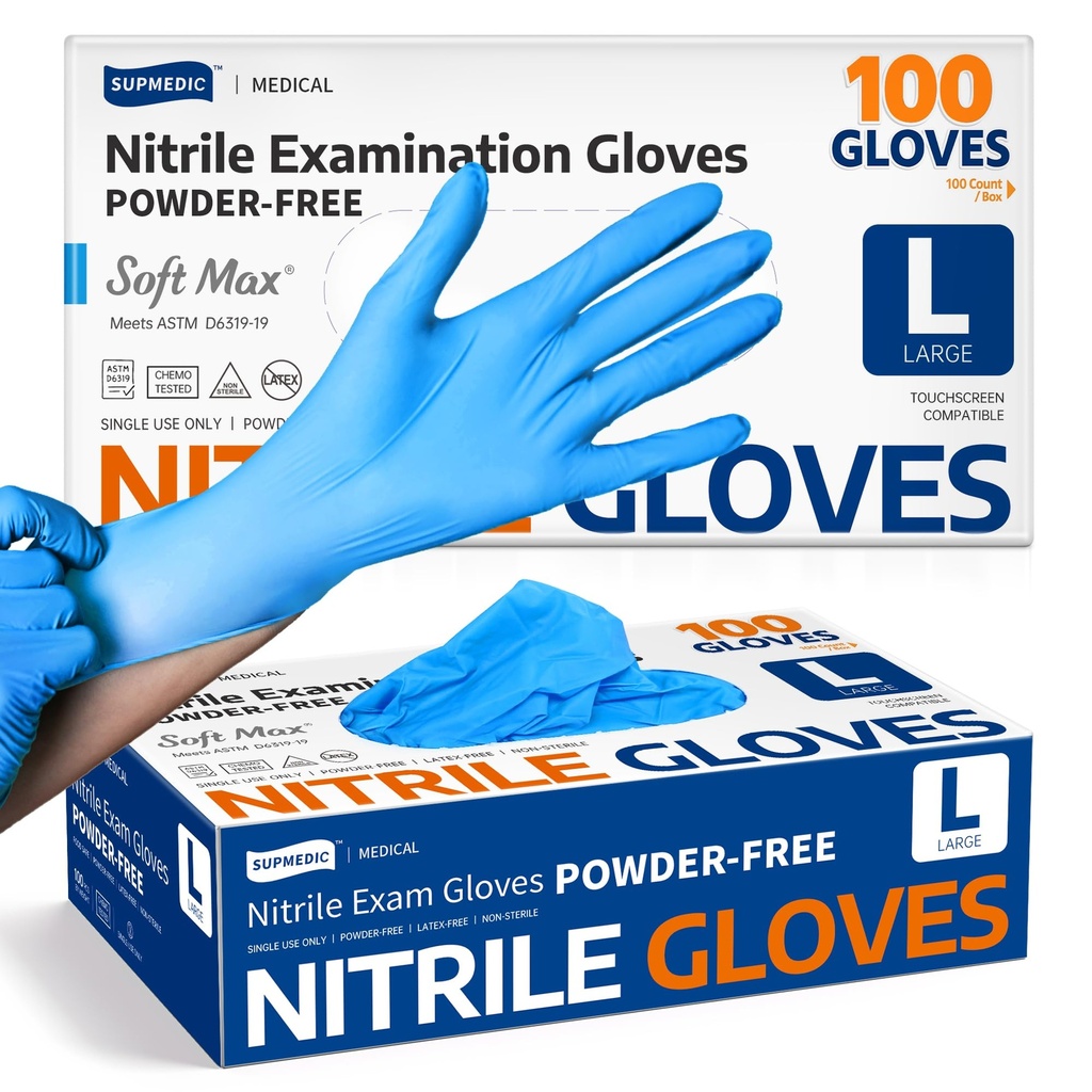 Supmedic Medical Soft Max Nitrile Exam Gloves Powder-Free Disposable 100 Ct
