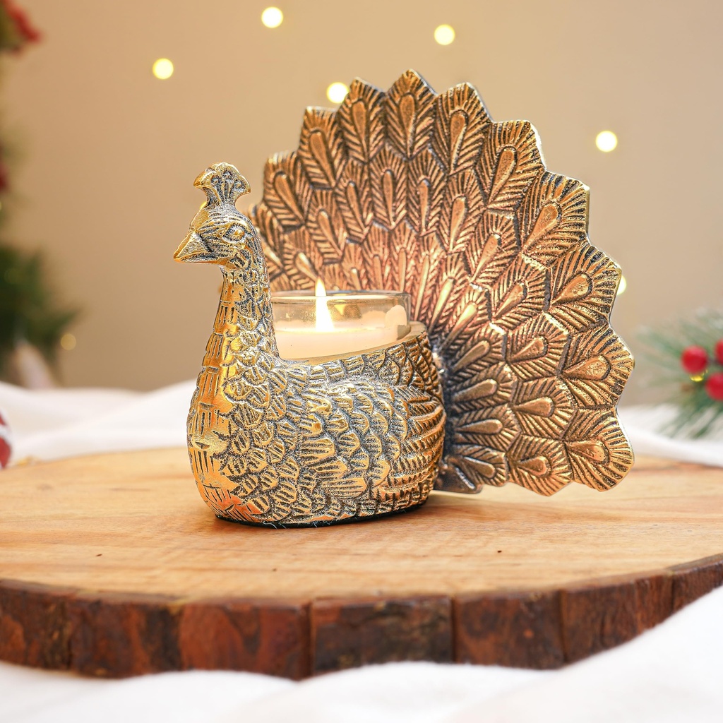 BEHOMA Metal Dancing Peacock with Scented Glass Votive Candle, Golden