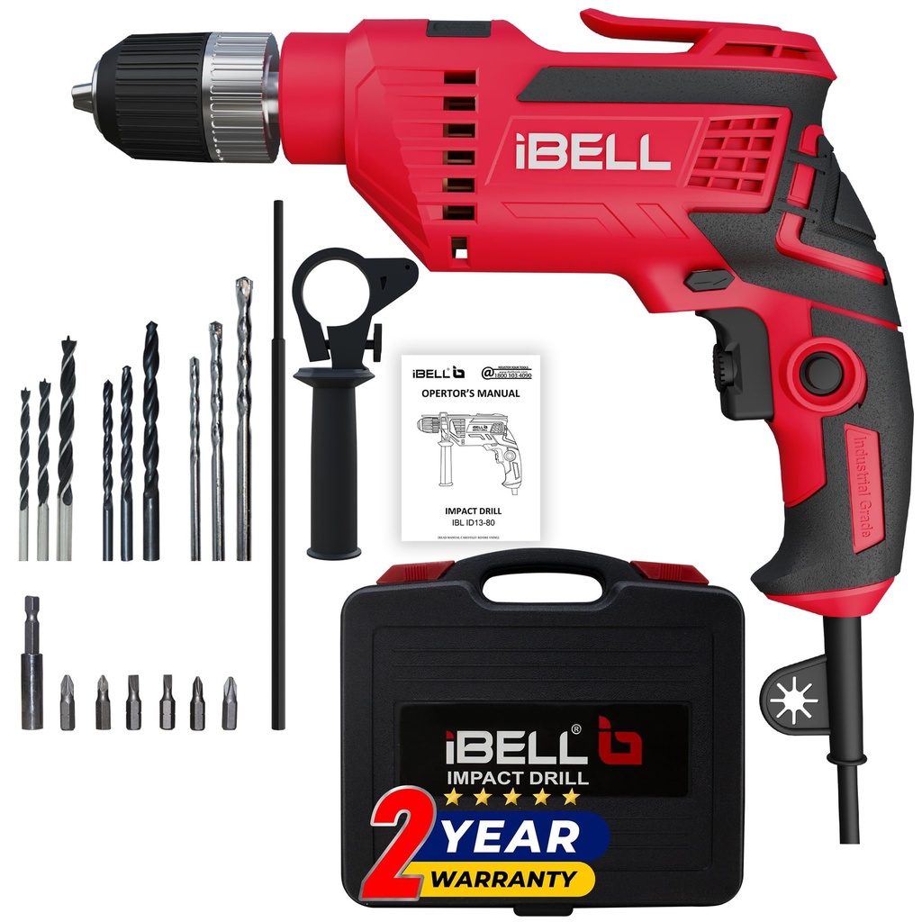IBELL ID13-80 | 650W Impact Drill Machine | 13mm Keyless Chuck | 2800 RPM | Copper Armature | 2-Speed | 2-Mode | Forward/Reverse | Variable Speed | Drill Bits & Accessories | 24 Months Warranty