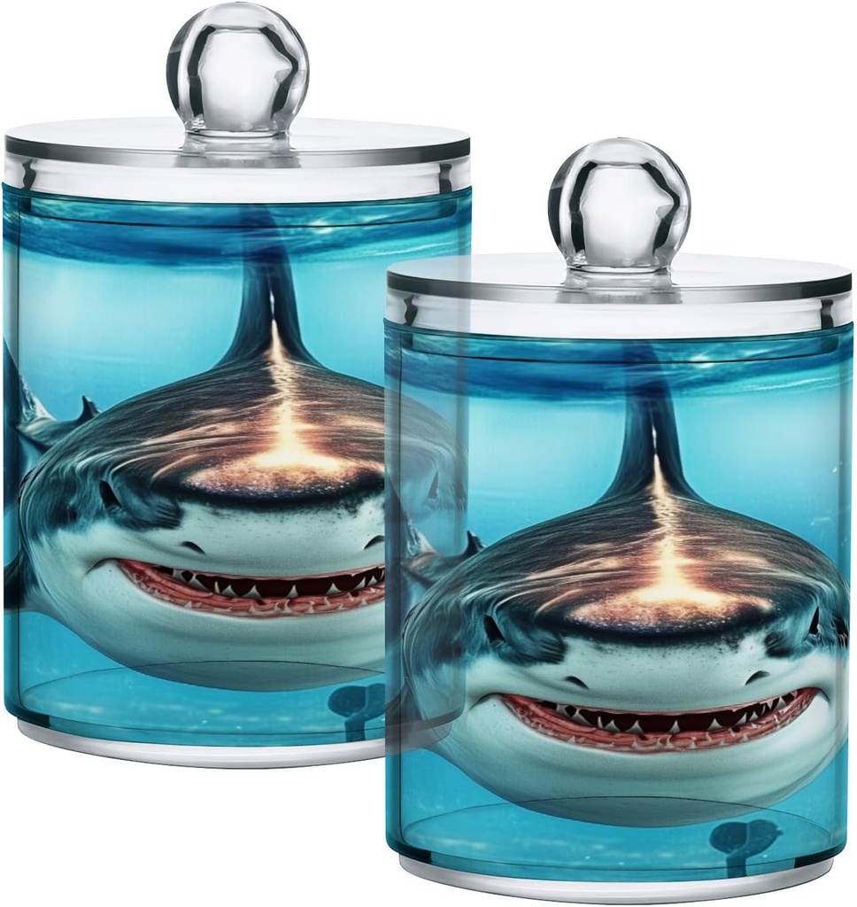 Acrylic Plastic Clear Jar with Lid, Shark Fish Swimming Ocean Underwater Airtight Storage Jar 2 Pack Kitchen Storage Containers for Cookie Snack Candy