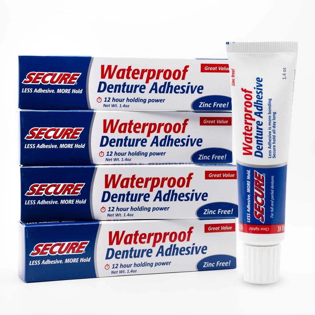 Secure Denture Adhesive Cream, Zinc Free Denture Glue, 1.4 oz, 4 Pack