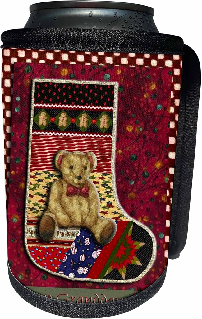 Can Cooler Bottle Wrap - Teddy Bear Stocking to my Grandaughter Red Christmas Design