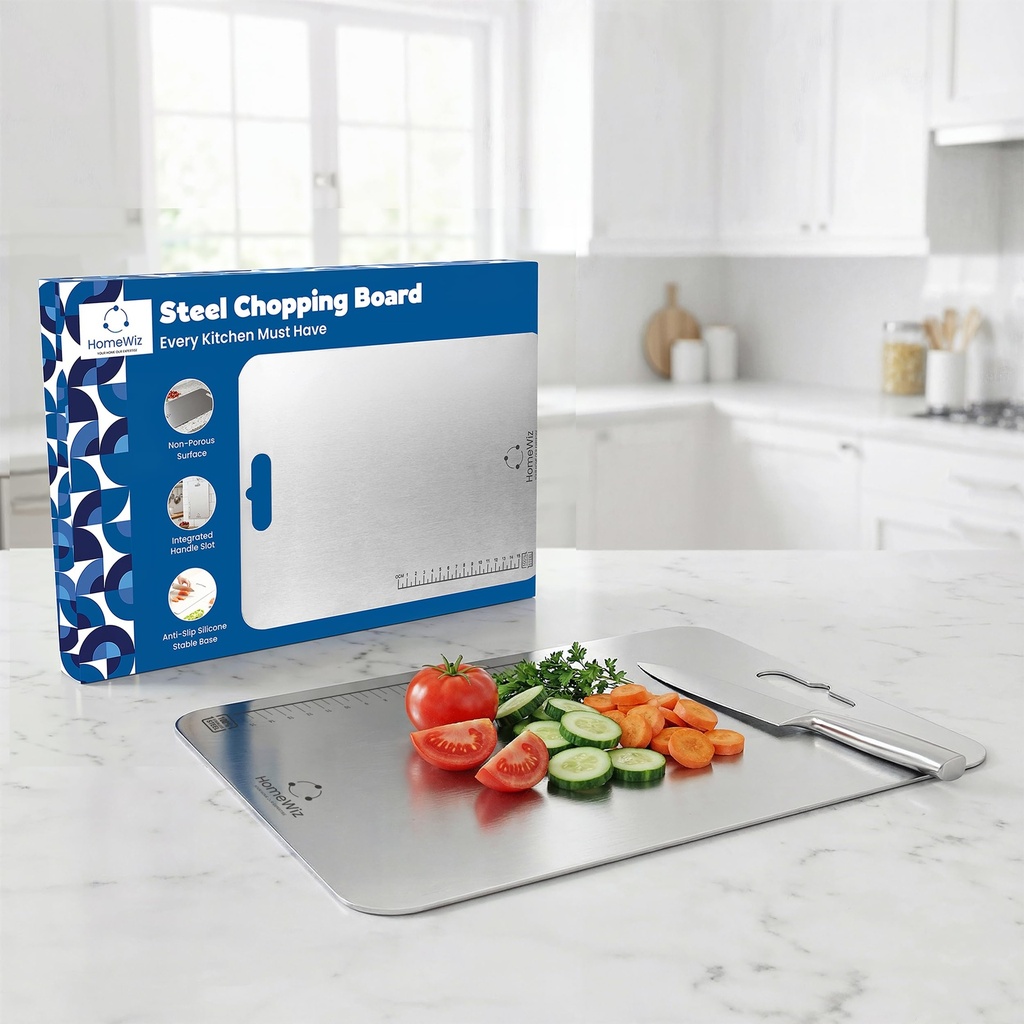HomeWiz Steel Chopping Board for Kitchen - 100% Stainless Steel Cutting Board | Heavy Duty Chopping Board | Non-Porous Hygienic Surface for Vegetables, Meat & Fish, Rust-Resistant | 31 x 21cm