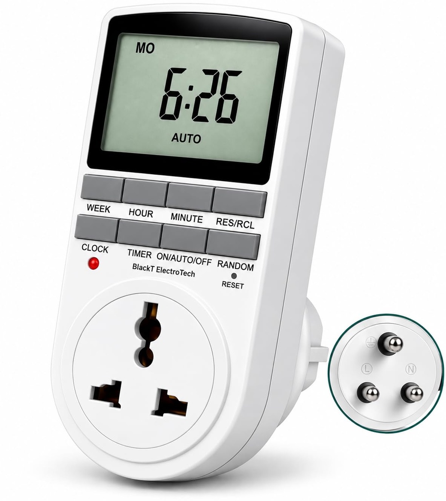 Blackt Electrotech BT41P 230V 10A Digital Programmable Timer Socket Plug – 24x7 Electronic Outlet for Automated Lights, Energy Saving & Home Appliances (New)