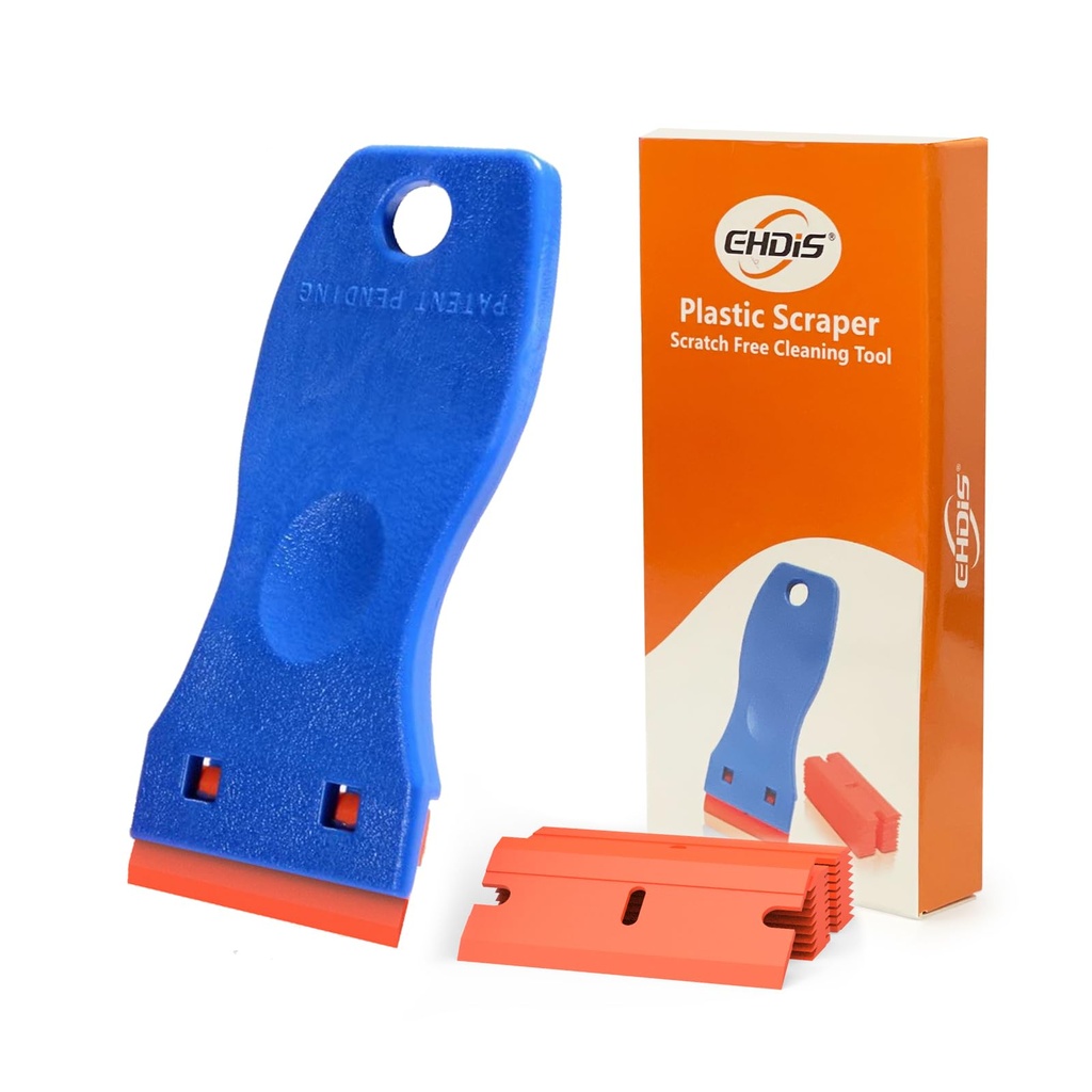 EHDIS 1.5" Plastic Razor Scraper with 10pcs Double Edged Plastic Blades for Removing Labels Stickers Decals on Glass Windows