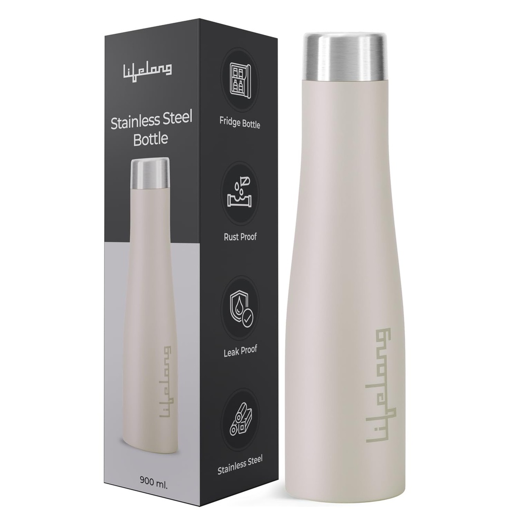 Lifelong Stainless Steel Water Bottle 900ml | Durable, Leak-Proof, Easy Grip, Rust Free, Easy-to-Clean, Odour-Free Bottle with Secure Cap for School, Travel, Gym & Work (LLBT03AB, Almond Birch)