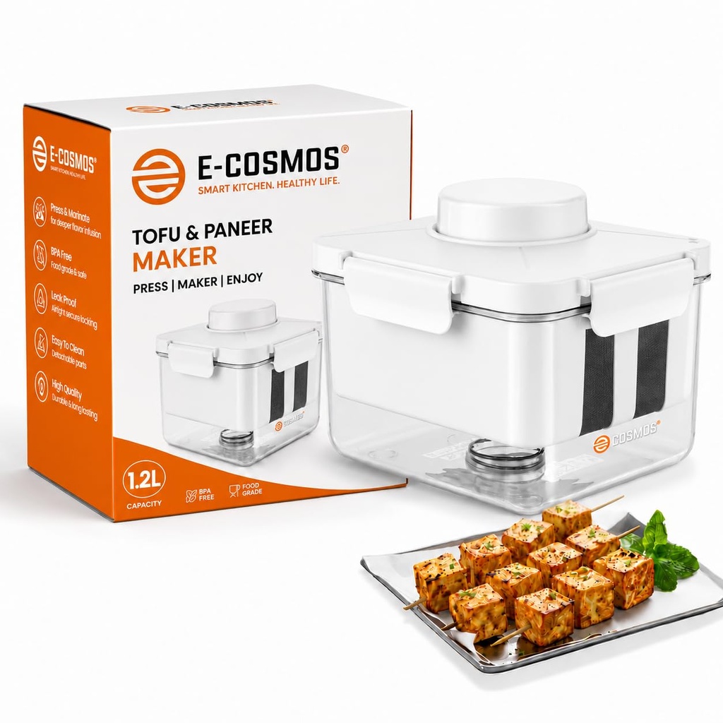 E-COSMOS® Tofu Maker and Draining Mold, Stainless Steel Spring-Loaded Water Remover for Tofu, Paneer & Greek Yogurt, BPA-Free Food-Safe Maker for Firm & Extra Firm Tofu