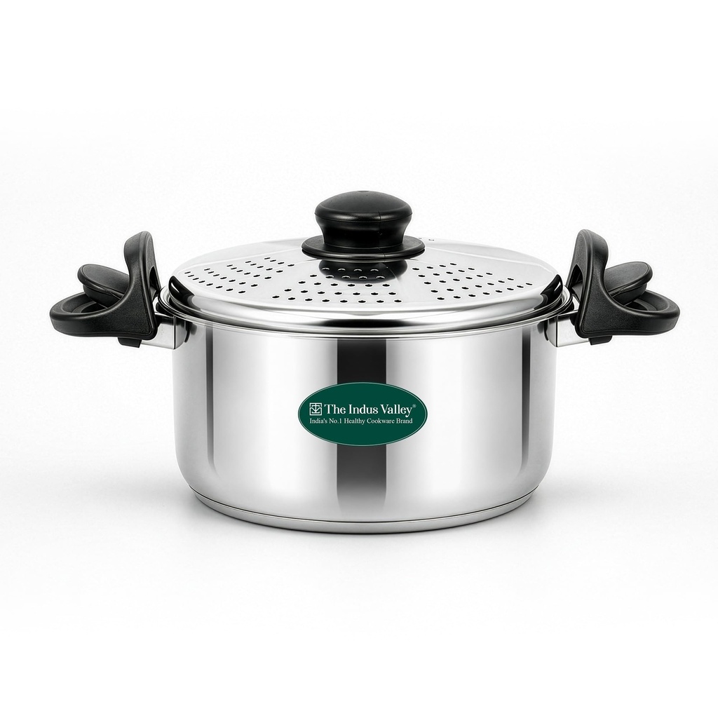 The Indus Valley Stainless Steel 2.5ltr Strainer Pot/Rice Pot for Noodles, Pasta, Corn, SOYA, Vegetables & Rice | Induction & Gas Friendly | 3-Layer Thick Bottom