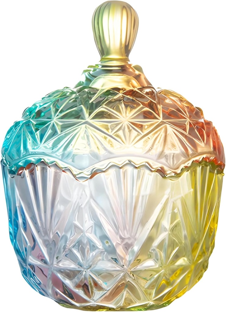 Glass Candy Dish with Lids, Candy Jar with Lid, 650ml Capacity, Rainbow Gradient Design, Large Crown Shaped, Elegant Glass Storage Jar for Candy Buffet, Weddings, and Home Décor