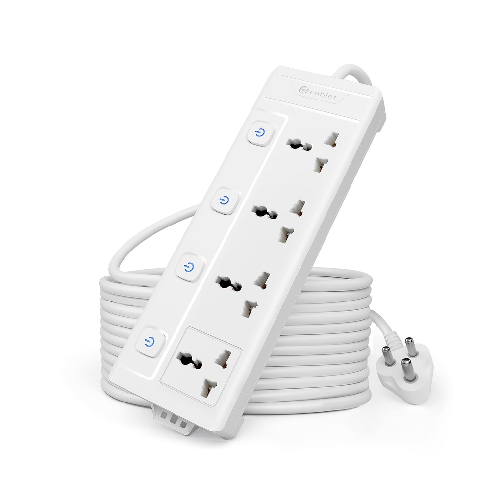 Cablet Extension Board 10 Meter Cable | 2500W 10A | 4 Universal Multi Plug Socket with Individual Switches | 10 Meter Heavy Duty Cord | LED Indicator, Power Strip & Spike Guard for Home & Office Use