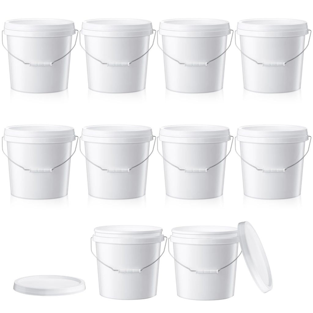 Tioncy 10 Pcs 2 Gallon Plastic Buckets with Lids, Handles, White