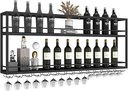 Modern Wine Rack Wall Mounted With LED Light, Floating Bar Shelves With Wine Glass Holder, Liquor Bottle Display Shelf, Wine Storage Display Rack, For Kitchen Dining Room Wine Cellar, Black(150X20X65c