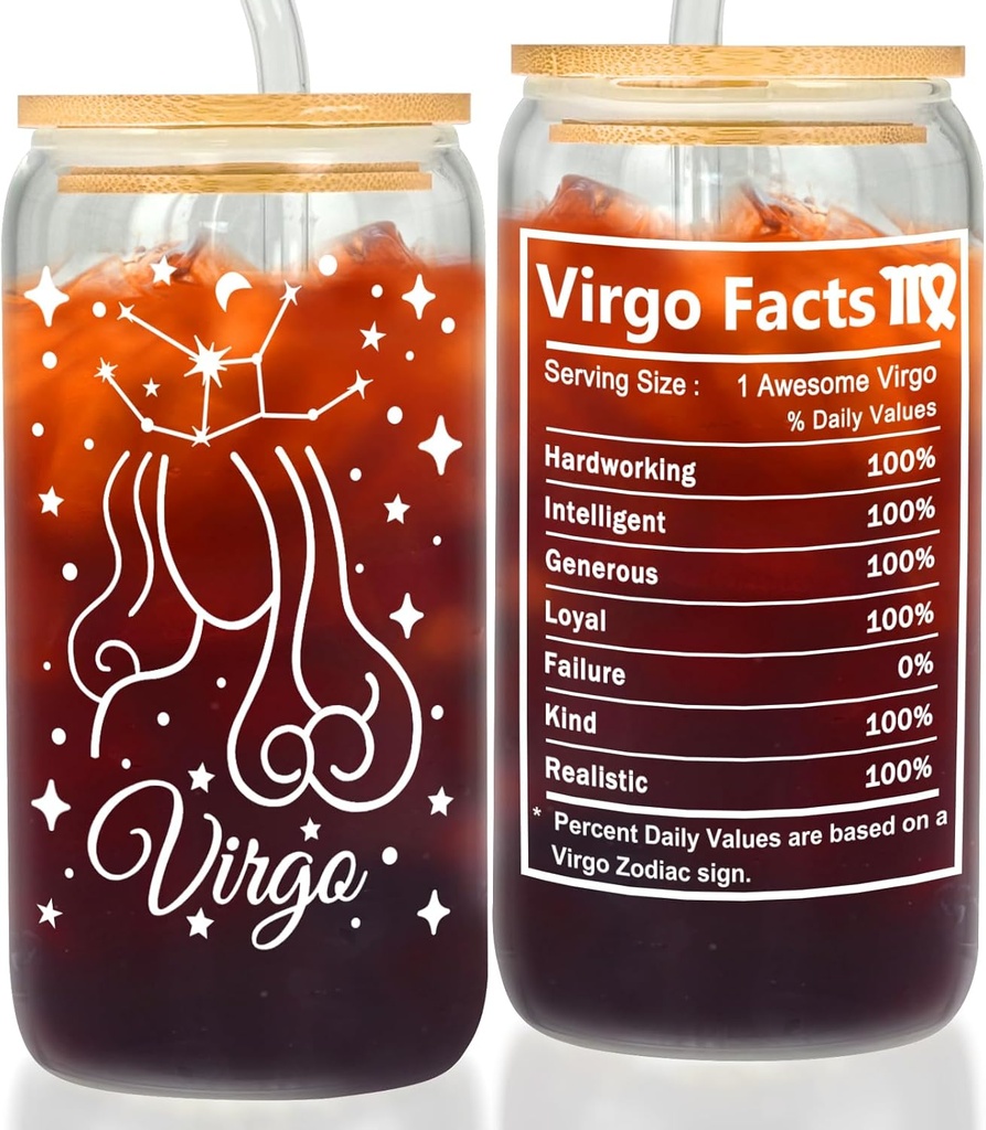 Virgo Gifts - Birthday Gifts for Women - Zodiac Gifts for Mom - Birthday Cup for Woman Friend - Astrology Coffee Cup for Aunt - 16oz Glass Virgo Mug with Straw Lid