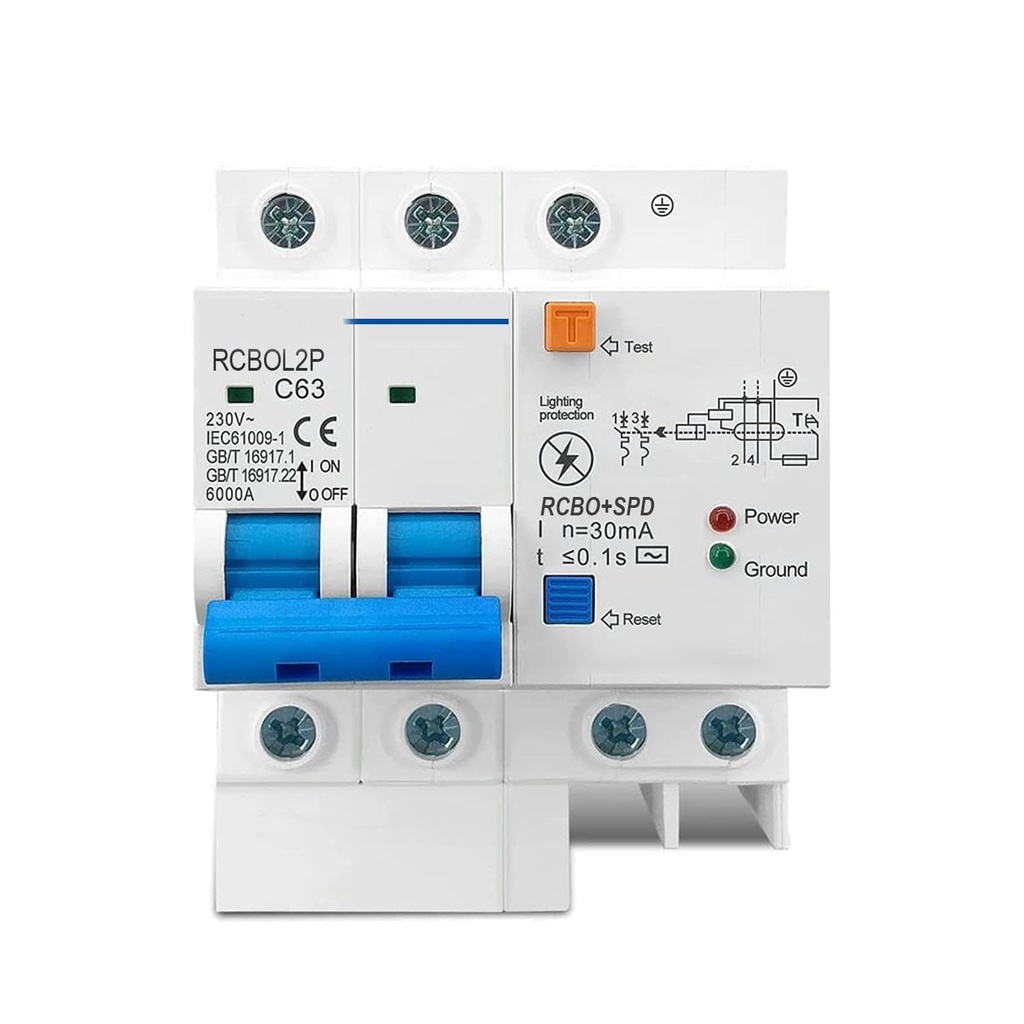 Quick Sense QS-CB01 Circuit Breaker 63A Double Pole with Leakage Protection | Overload, Short Circuit and Surge Protection | AC 230-400V DIN Rail Breaker for Home, Office, Shop and Industry