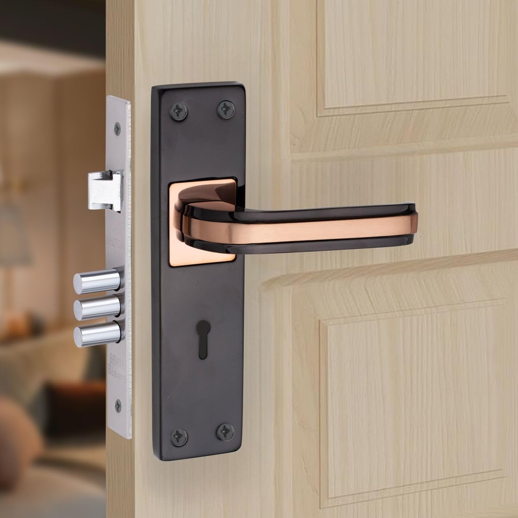 Milton Iron Mortise Lock Set with Rose Gold Copper Handle, Black Plate, 200mm x 50mm, 125mm Handle Length, Complete with Keys and Hardware - MHI-09