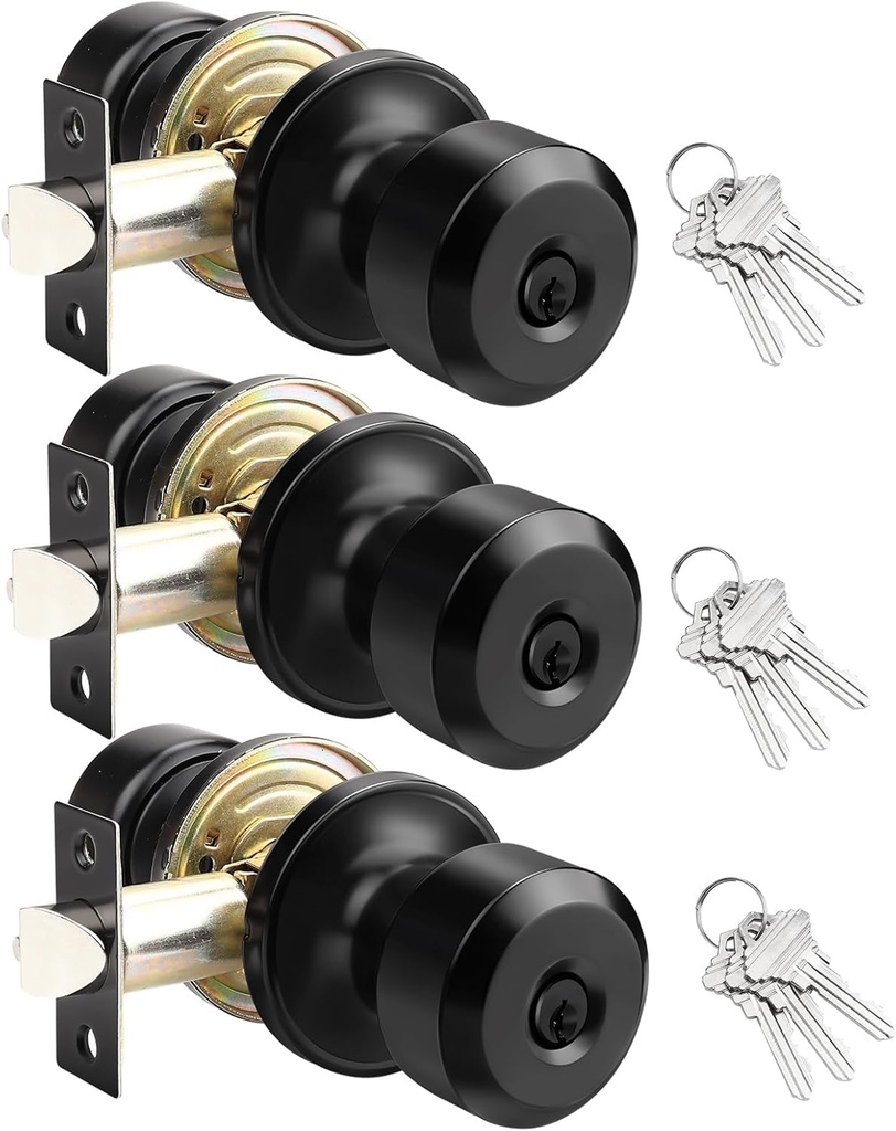 KNOBWELL Exterior Door Locks in Black Finish, Keyed Entry Door Knob with Lock, Cylindrical Shape Different Keys Front Door Lock, 3 Pack