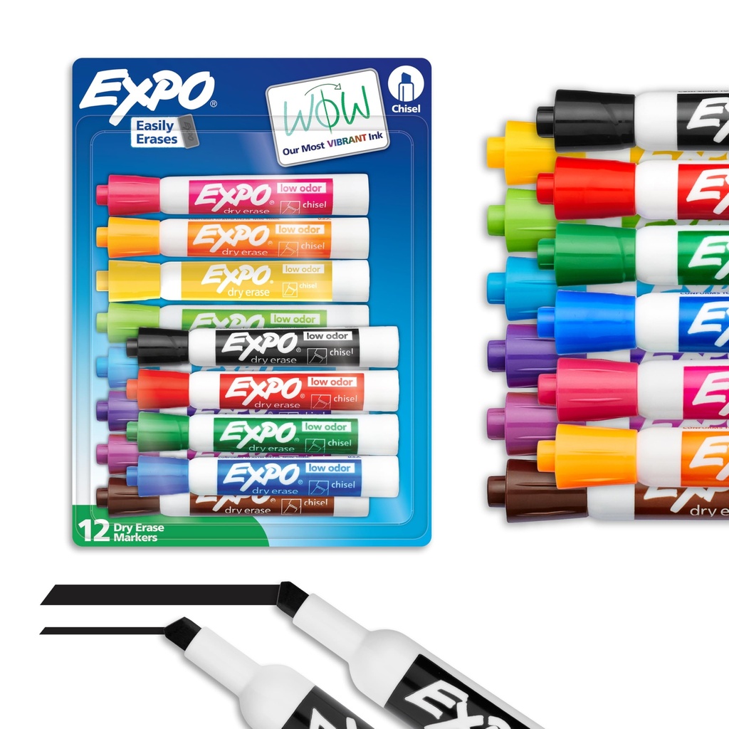 EXPO Dry Erase Markers, Low Odor Ink, Assorted Colors, Chisel Tip, 12 Count