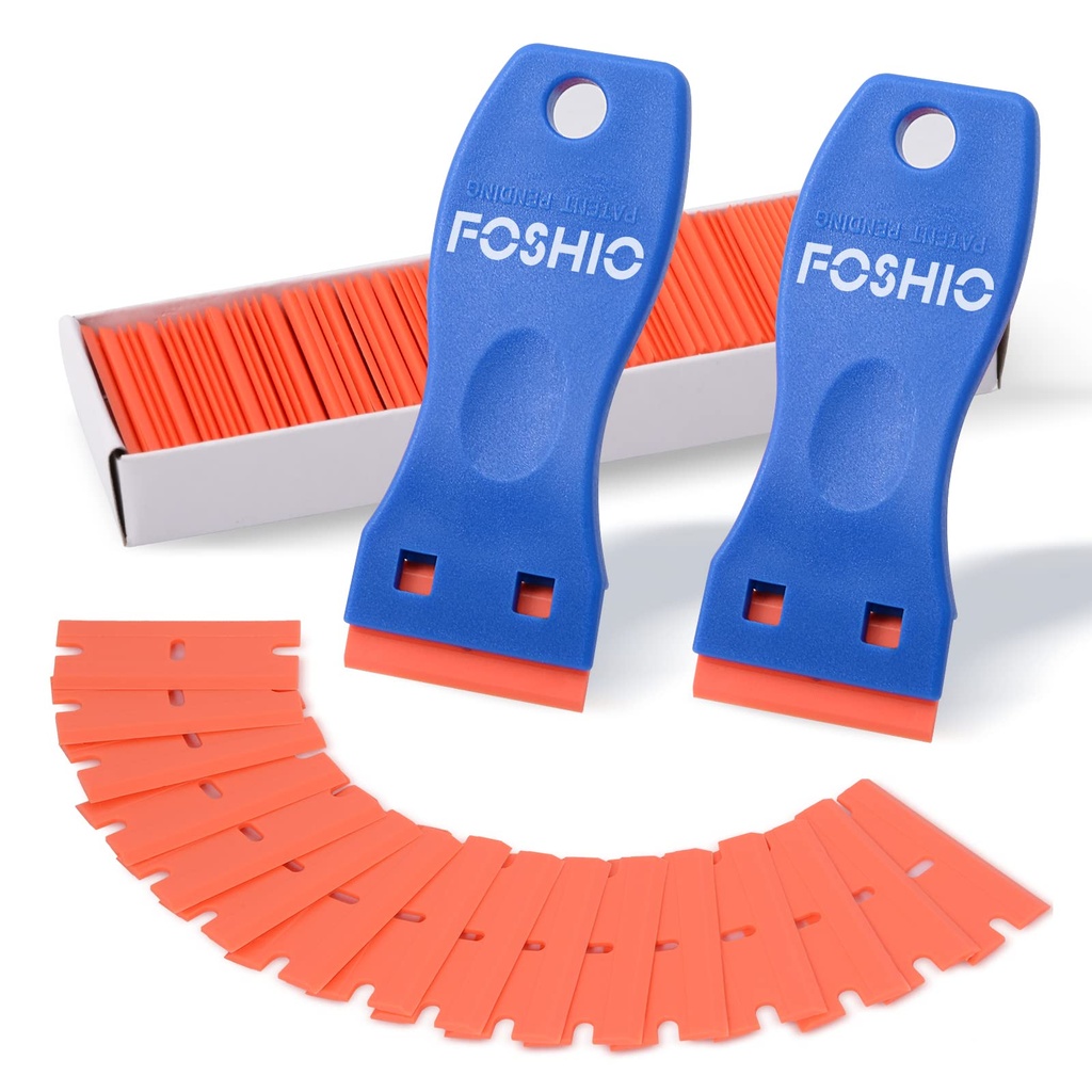 FOSHIO Plastic Razor Blade Scraper Include 2PCS Scraper Tool and 100PCS Blades for Gasket Remover, Labels Decal and Adhesive Remover for Windows and Glass