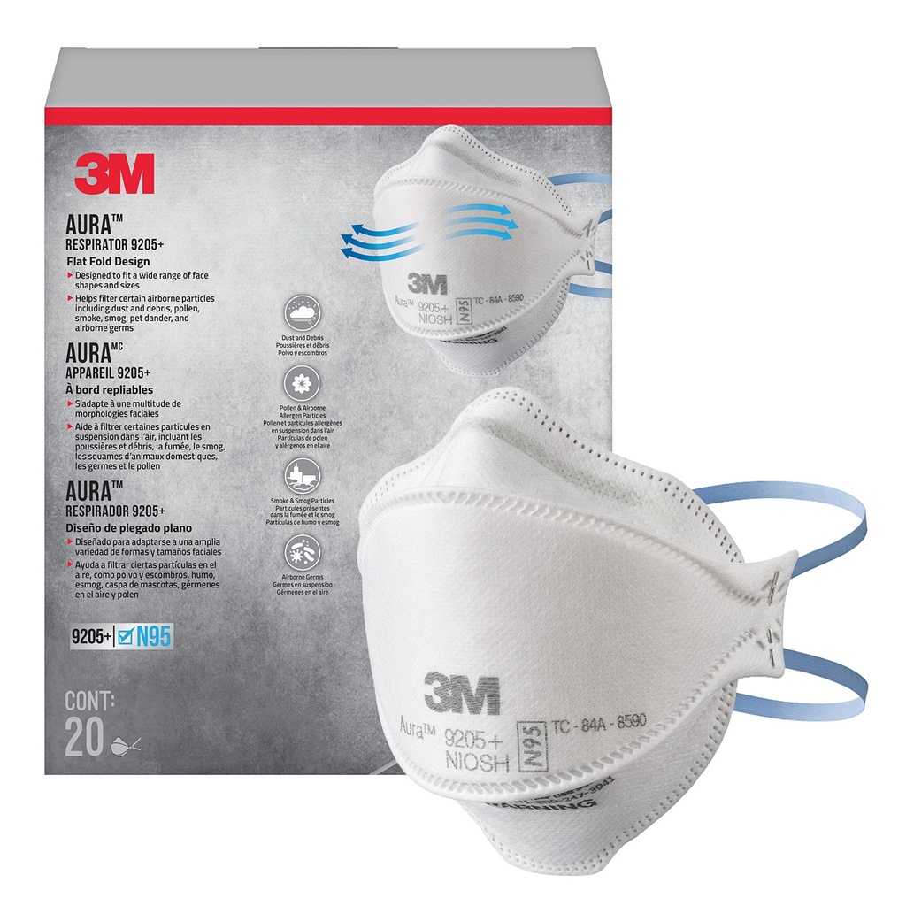 3M™ Aura™ N95 Particulate Respirator, 9205PH-20-DC, Pack of 20 Respirators