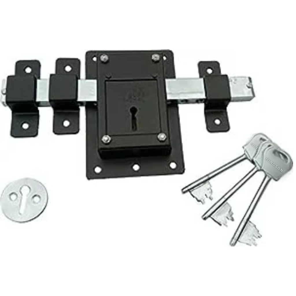Hindson 10 Chal Iron Gate Lock | Heavy Duty 8 Lever Door Lock with 3 Keys | Double Side Operated Main Gate Lock for Home & Office | Strong Metal Body (Black Finish)