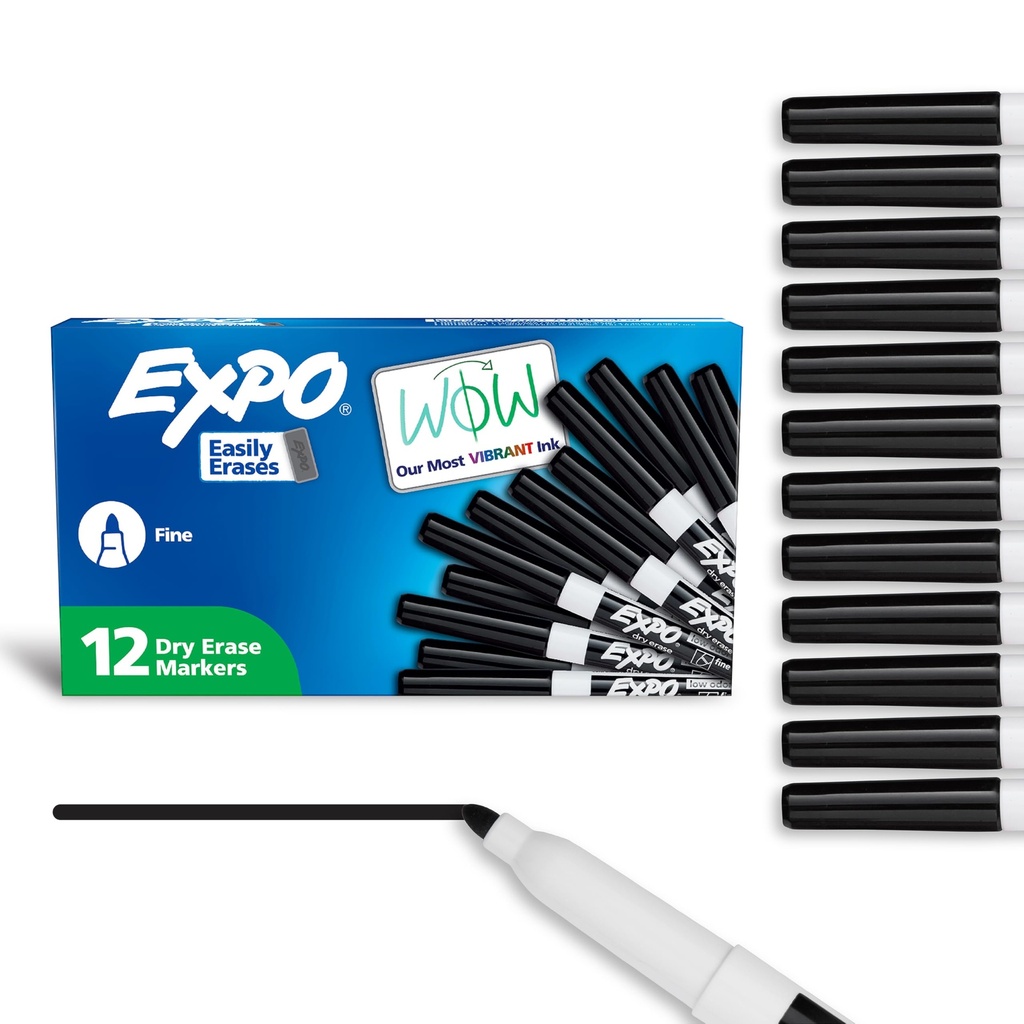 EXPO Dry Erase Markers, Low Odor Ink, Black, Fine Tip, 12 Count - Whiteboard, Calendar, Organization, Essential Supplies for Office, School, Classroom, Teachers