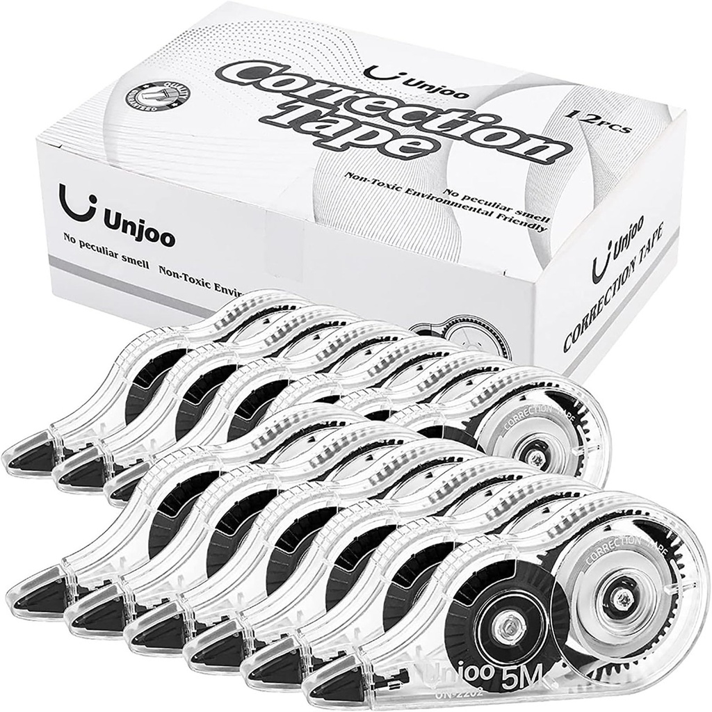 Unjoo White Correction Tape, For school, Office,12pack, 5M/196"x0.2",Black