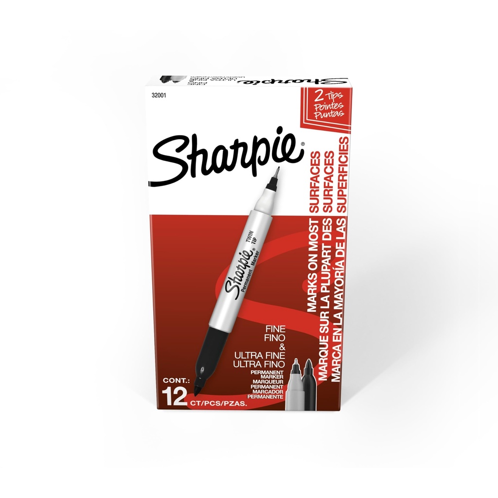 Sharpie Twin Tip Permanent Markers, Fine and Ultra Fine, Black, 12 Count