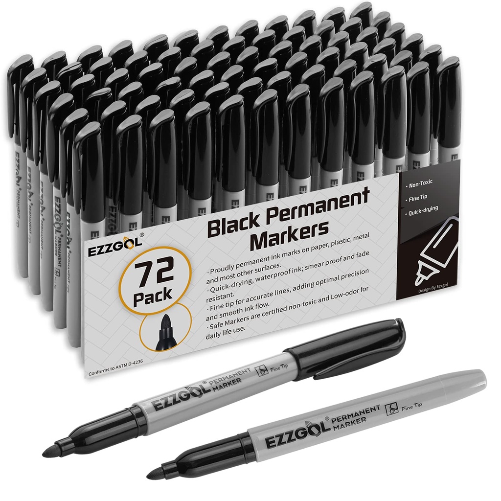 Ezzgol Permanent Markers Bulk, 72 Pack Black Permanent Marker Set, Fine Tip, Waterproof Markers, Premium Smear Proof Pens, Waterproof, Quick Drying, Office Supplies for School, Office, Home