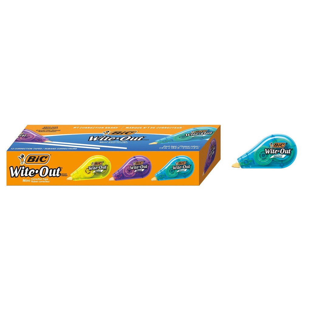 BIC Wite-Out Mini Correction Tape, White, 12-Count Pack, No Dry Time
