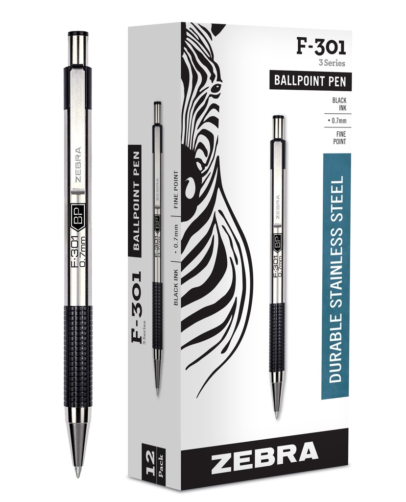 Zebra Pen STEEL F-301 Retractable Ballpoint Pen, Black Ink, 0.7mm, 12-Pack