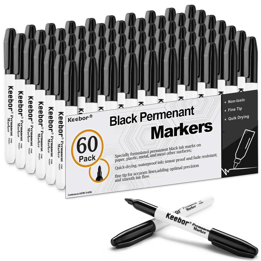 Keebor Permanent Markers Bulk, 60 Pack, Quick Drying & Fade Resistant