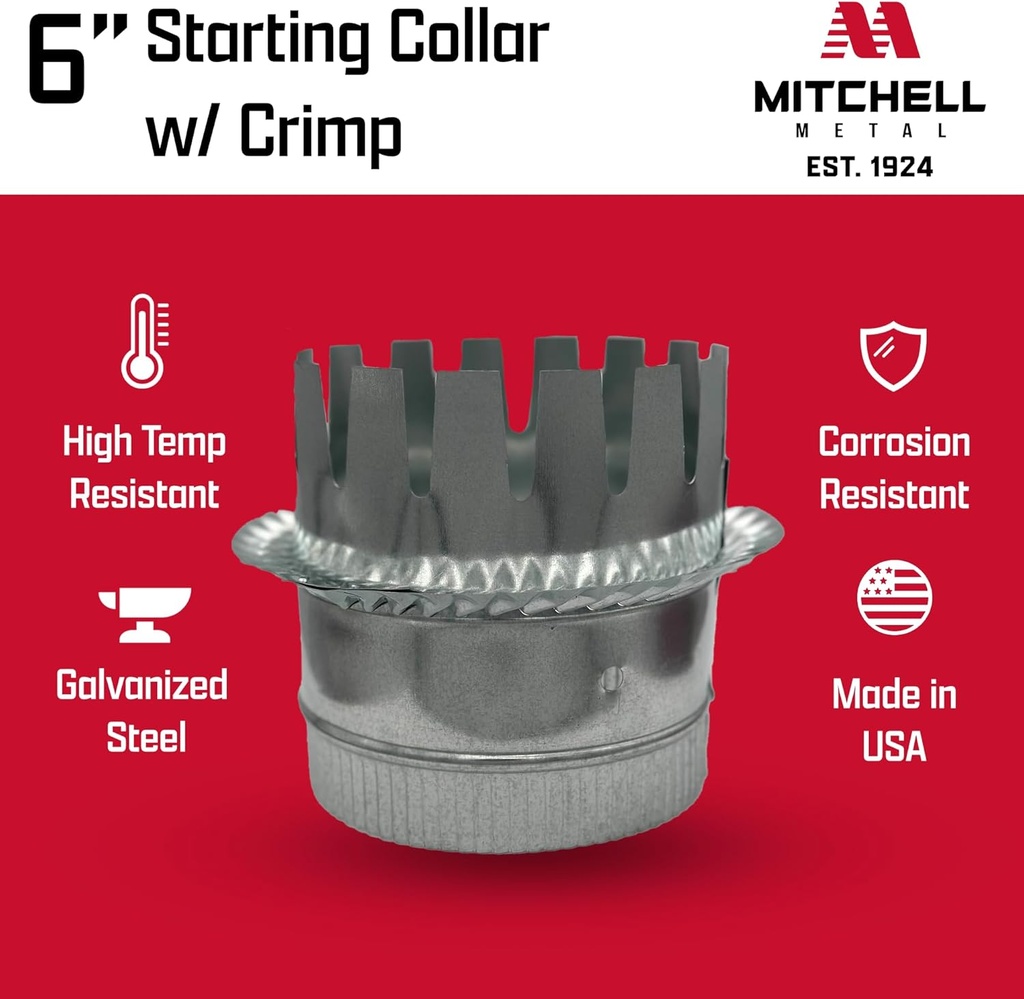HVAC Ductboard Starting Collar with Crimp, Galvanized Sheet Metal 26-Gauge, Made in USA (6 Inch)