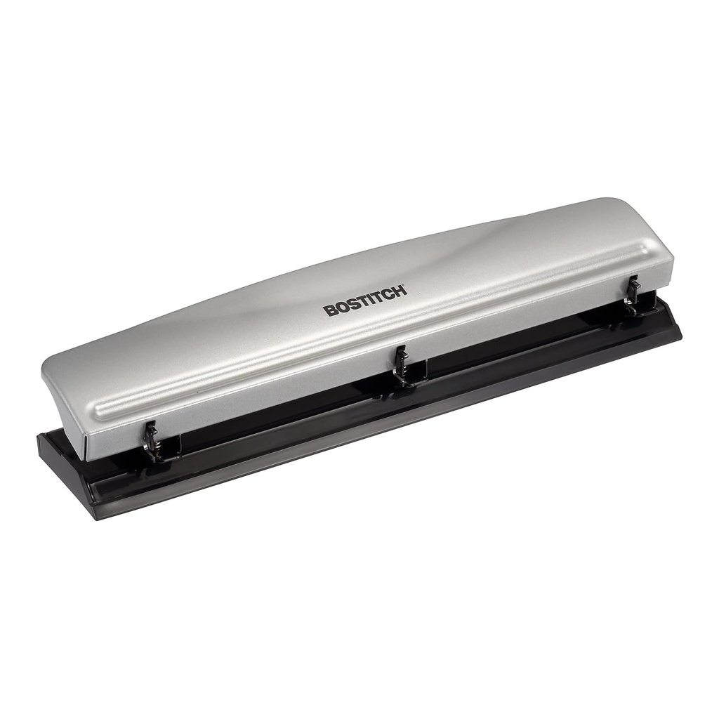 Bostitch Office 3 Hole Punch, Metal, 12 Sheet Capacity, Rubber Base, Silver