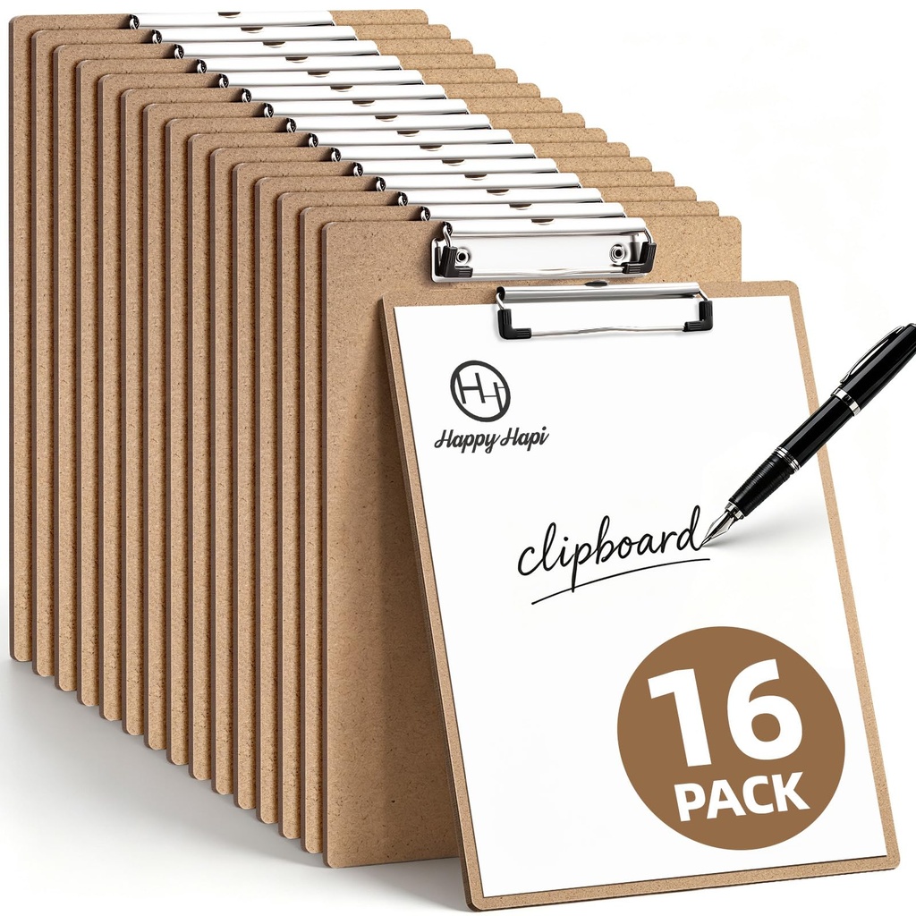 HappyHapi 16 Pack Clipboard, 8.5x11 Clip Board Bulk, Wooden Clipboard