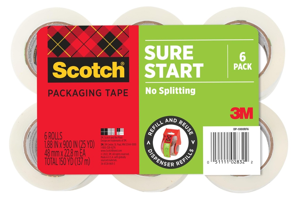 Scotch Sure Start Packing Tape Refill, 900 in x 900 in, 6 Rolls