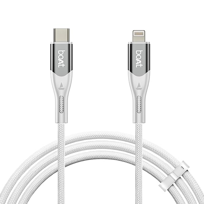 boAt Type C to Lightning Cable for 27W Fast Charging | 480 Mbps Data Transfer | 1.2 m (3.9 ft) Perfect Cable Length | Premium Nylon Braiding | Durable & Tangle-Free | With Silicon Tie (Arctic White)