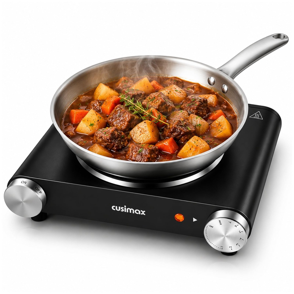 Cusimax Hot Plate Electric Burner Single Burner Cast Iron hot plates for cooking Portable Burner 1500W with Adjustable Temperature Control Stainless Steel Non-Slip Rubber Feet, Upgraded Version