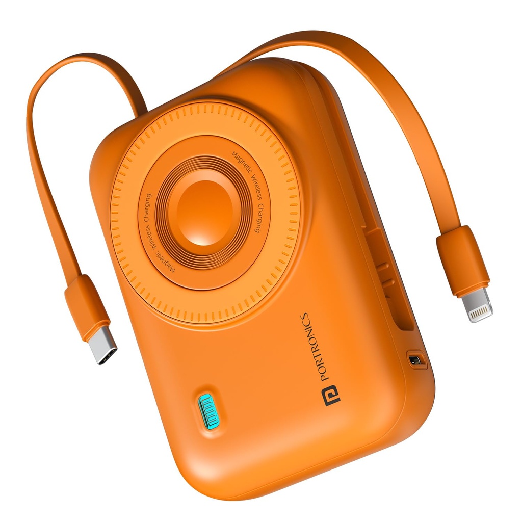 Portronics Power Shutter 20000mAh 15W Magnetic Wireless Fast Charging Powerbank with in-Built Type C & 8 Pin Cable, 22.5W Type C PD Output, Type C Bidirectional Port, LED Display (Orange)