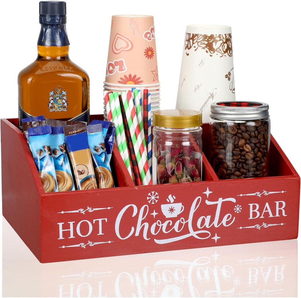 Barydat Christmas Hot Cocoa Bar Wood Coffee Station Organizer Countertop with 4 Compartment Coffee Bar Decorative Holder Xmas Basket Organizer Bin for Kitchen Holiday Gift Party Home Supplies (Red)