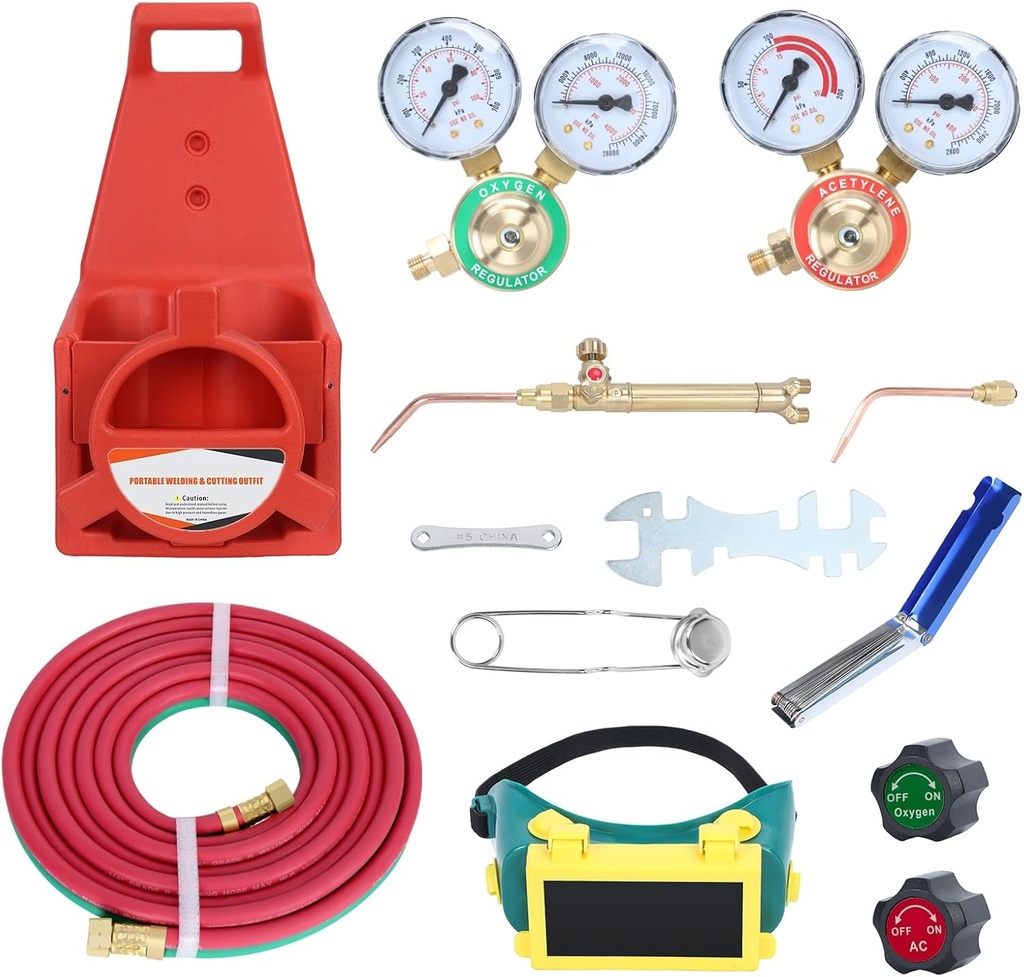 Oxy Acetylene Torch Kit, Portable Oxyacetylene Welding and Cutting Kit with Pressure Gauge and Brass Nozzle, Welding Torch Kit, Welding Cutting Torch Kit with Pipe (Without Gas Cylinder) Red