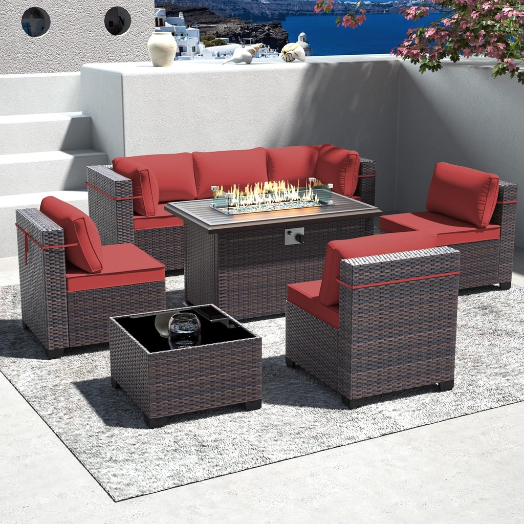 Outdoor Patio Furniture Set with Gas Fire Pit Table, 8 Pieces Outdoor Furniture Sets Patio Set Sofa w/43in Propane Fire Pit, PE Wicker Rattan Patio Conversation Sets - Red