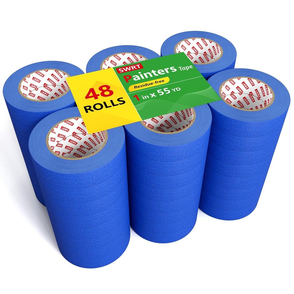 SWRT Blue Painters Tape 1 Inch x 55 Yards, 48 Rolls, 2640 Yards Total