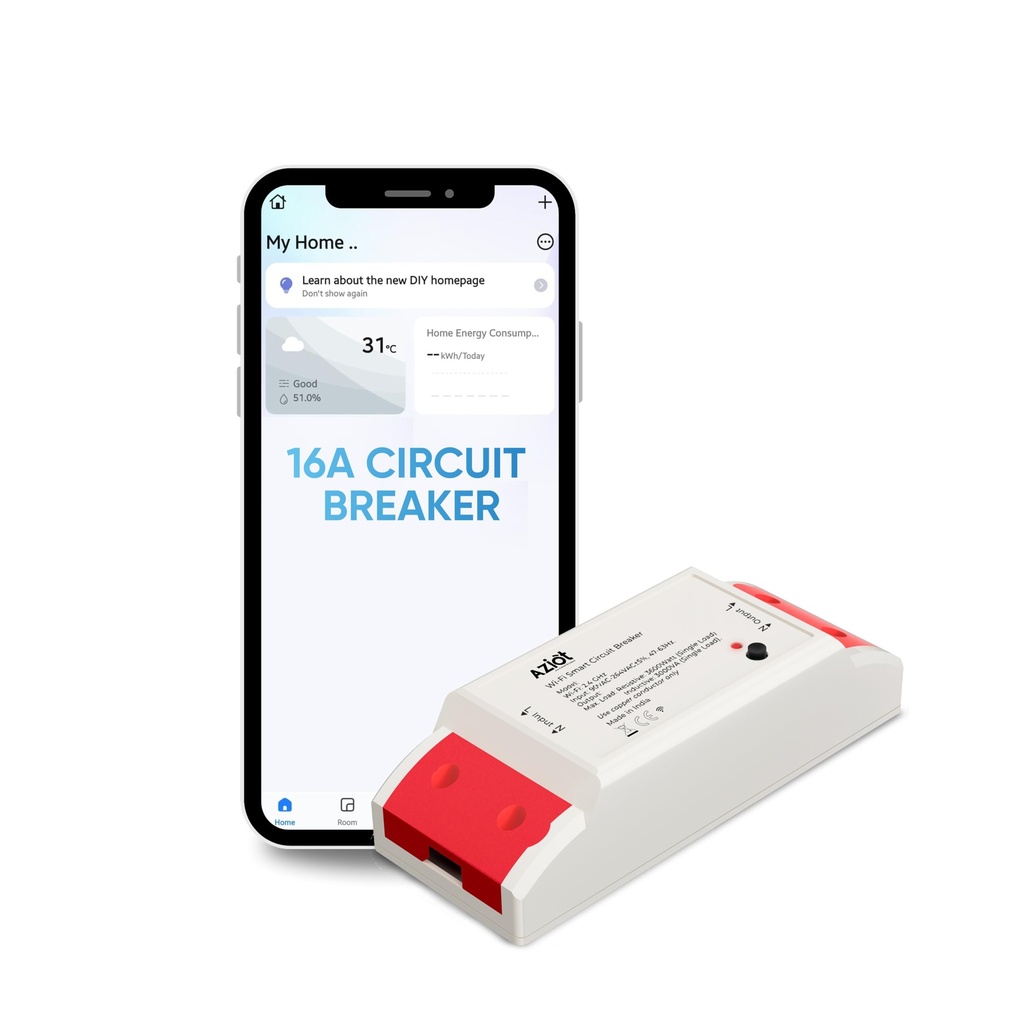 Aziot WiFi + BLE Smart Circuit Breaker - 16Amp, Compatible with Alexa & Assistant, Easy Installation, Made in India