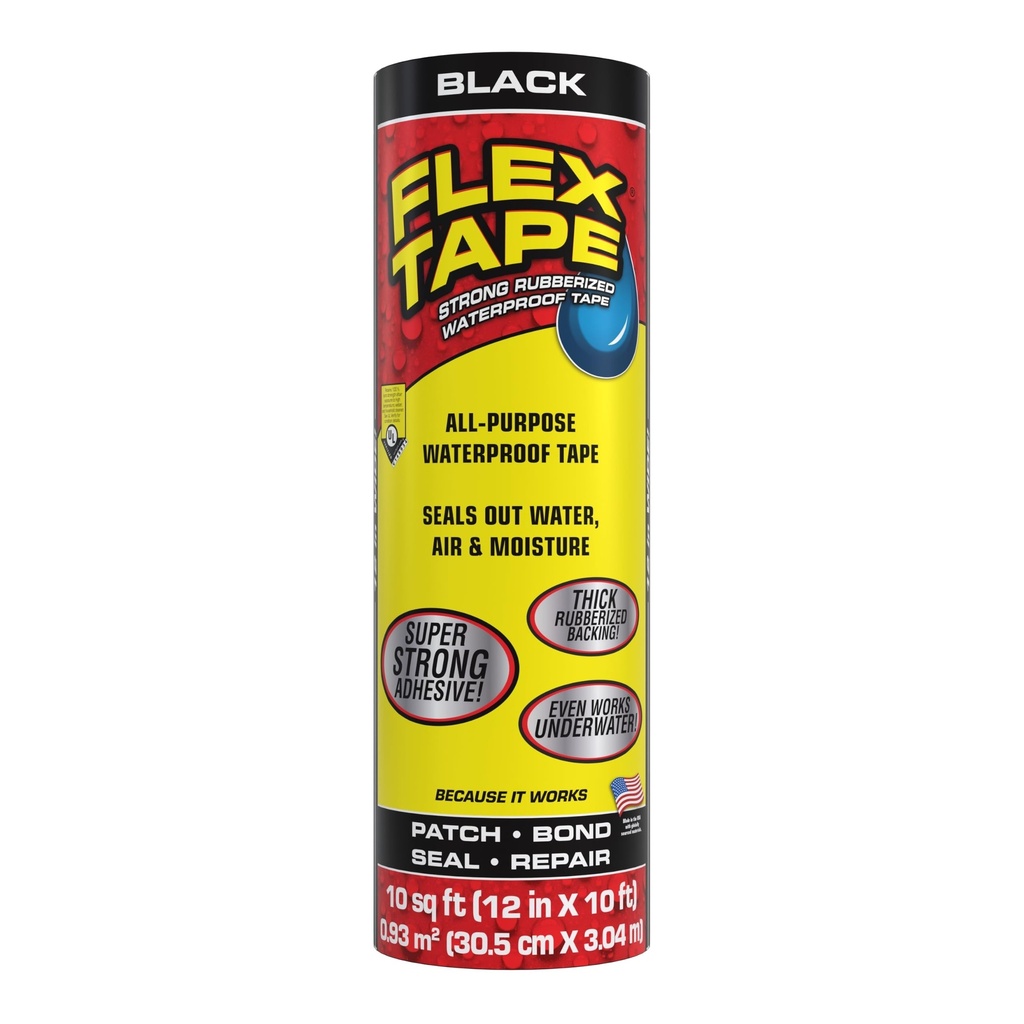 Flex Tape Strong Rubberized Waterproof Tape, Black, 12 in x 10 ft, 1-Pack